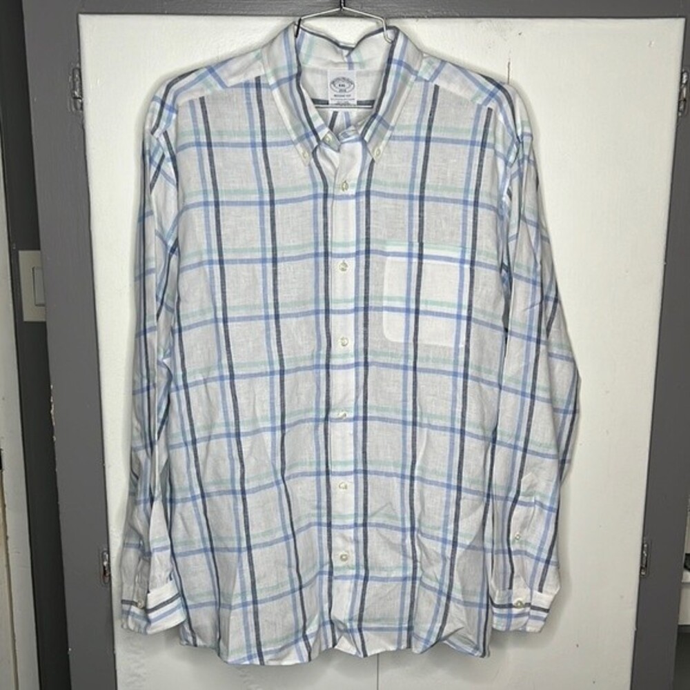 Brooks Brothers Mens 2XL Blue Plaid 100% Linen Button Down Shirt Windowpane